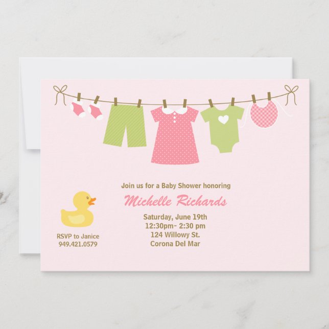 Baby shower de blanchisserie rose Invitation (Devant)
