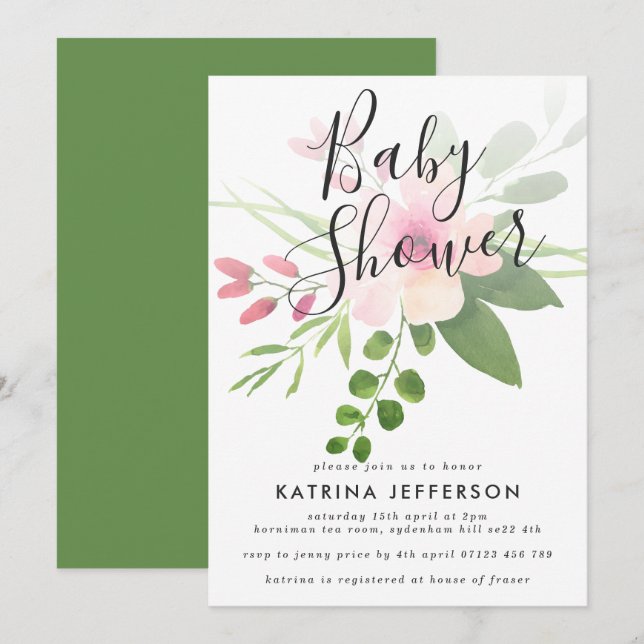 Baby shower de bouquet rose et vert Invitation (Devant / Derrière)