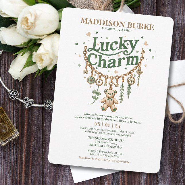 Baby shower de bracelet Lucky Charm Invitation (Elegant baby shower invite featuring a gold charm bracelet and teddy bear.)