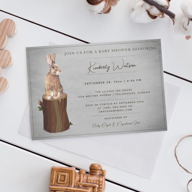 Baby shower de Bunny de bois | Invitation Grey (Gray Woodland Bunny Baby Shower Invitation)