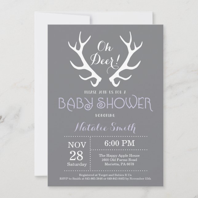 Baby shower de cerf Antler Invitation Gris et viol (Devant)
