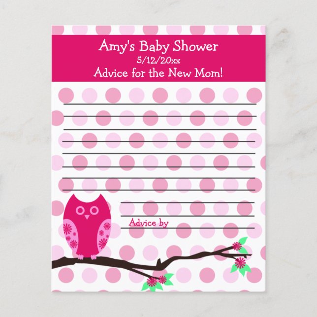 Baby shower de Chouette rose Cartes de conseil per (Devant)