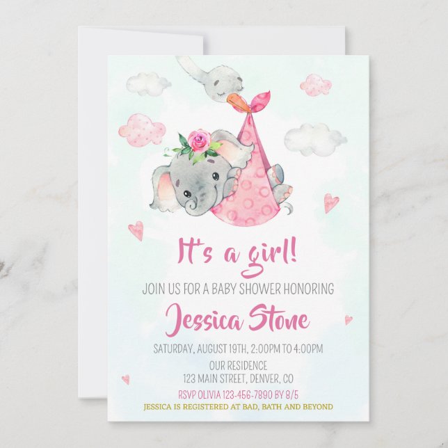 Baby shower de cigogne invitation Baby éléphant in (Devant)