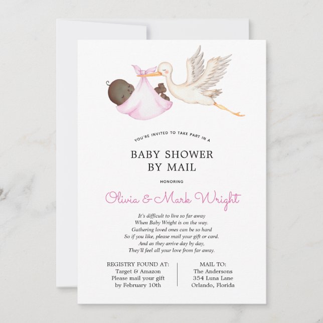 Baby shower de cigogne rose par invitation par cou (Devant)