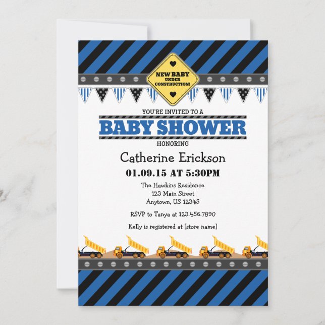 Baby shower de construction bleu Invitation (Devant)
