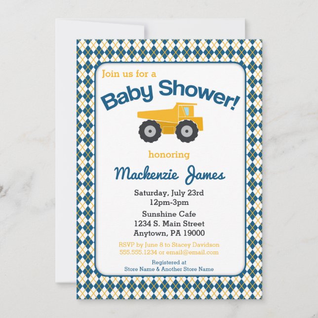 Baby shower de construction Invitation Boy Truck (Devant)
