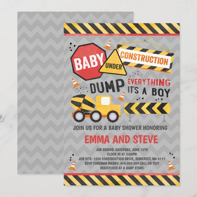 Baby shower de construction Invitation Camion Douc (Devant / Derrière)