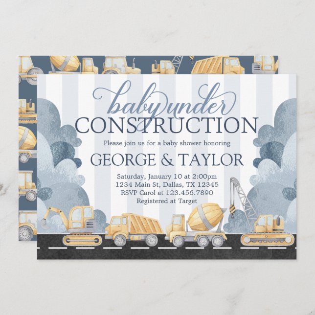 Baby shower de construction Invitation Invitation (Devant / Derrière)