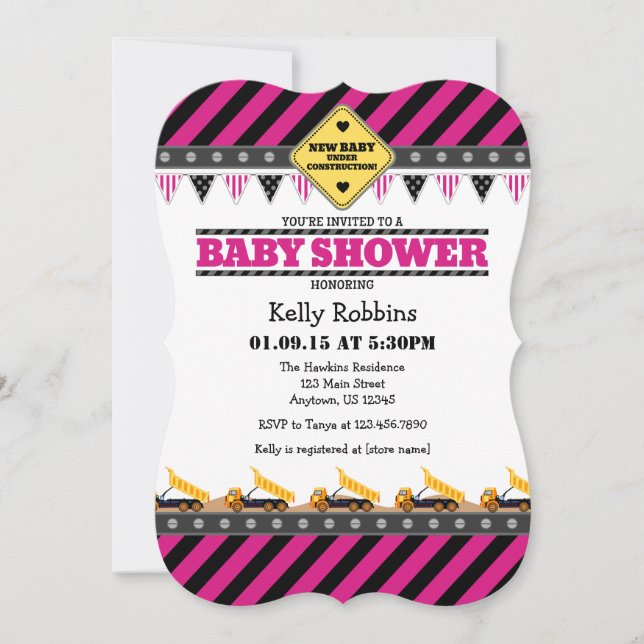 Baby shower de construction rose chaud Invitation (Devant)