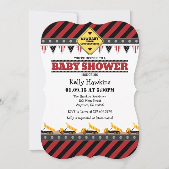 Baby shower de construction rouge Invitation (Devant)
