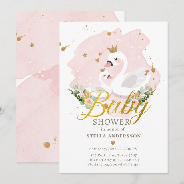 Baby shower de cygne Invitation Princesse Pink Gol (Devant / Derrière)