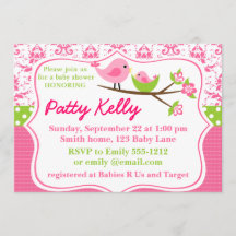 Baby shower de Damas roses Invitation aux oiseaux