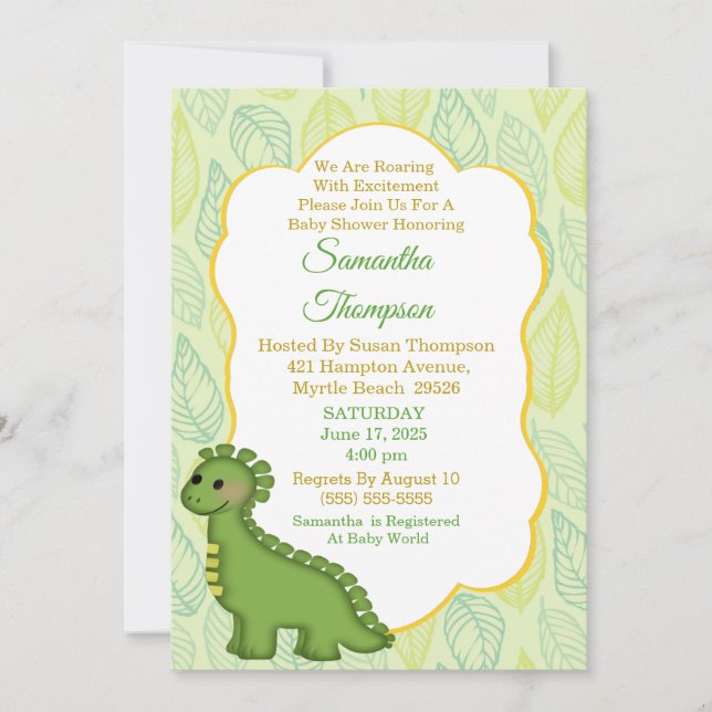 Baby shower de dinosaure vert mignon Invitation (Devant)