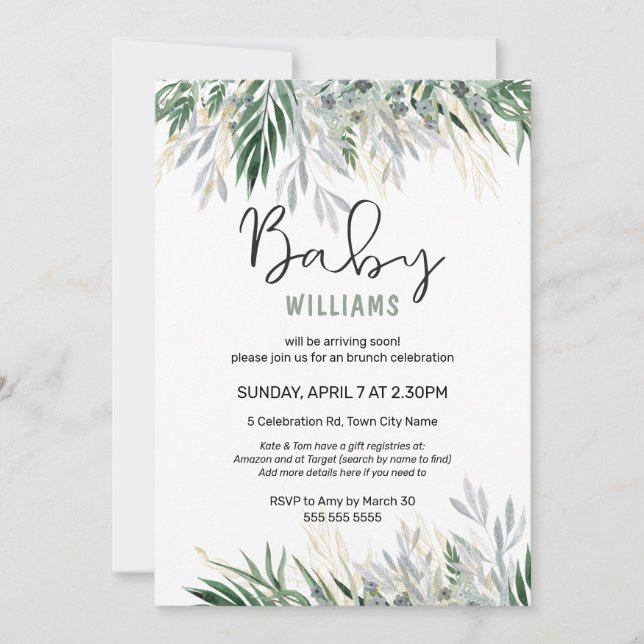Baby shower de feuillage Feuille vert Invitation (Devant)