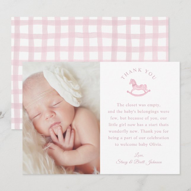 Baby shower de fille rose En vichy Carte de remerc (Devant / Derrière)
