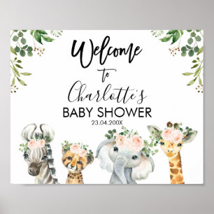 Baby shower de fleurs rose Safari affiche de bienv