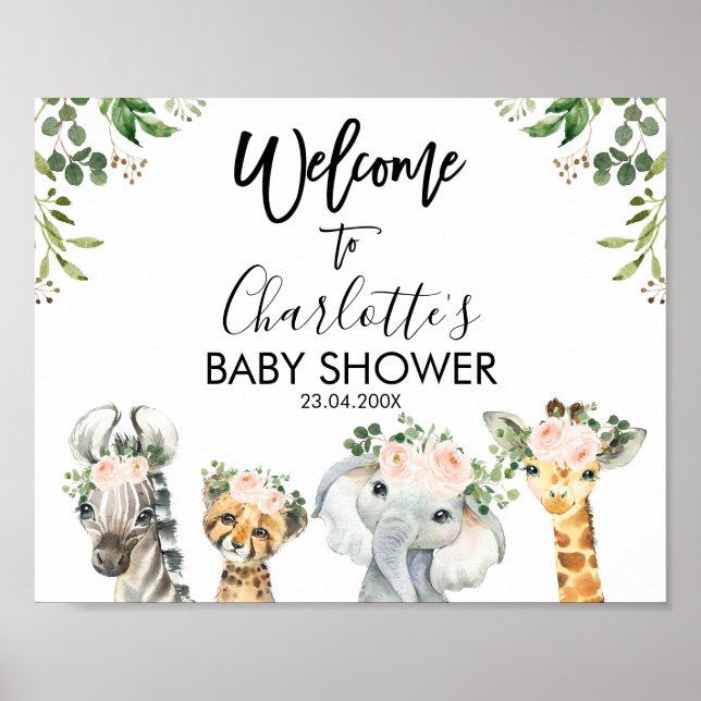 Baby shower de fleurs rose Safari affiche de bienv (Devant)