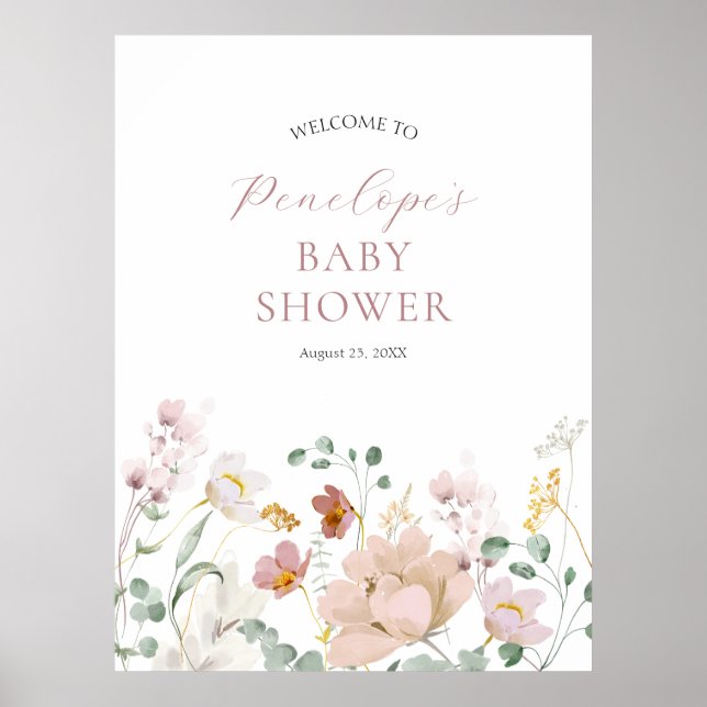 Baby shower de fleurs roses Affiche de bienvenue (Devant)