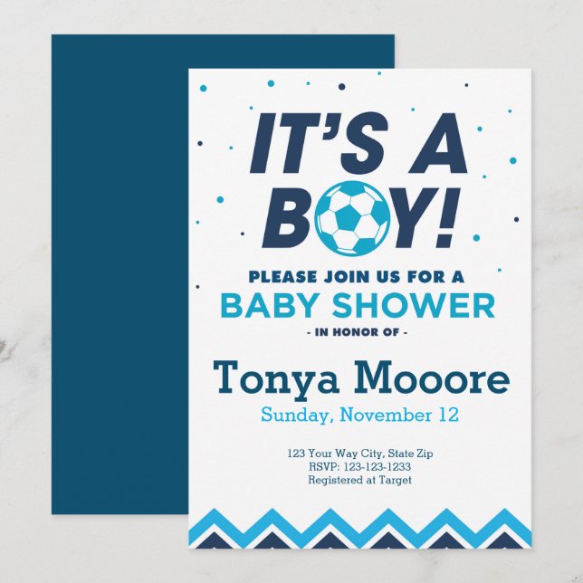 Baby shower de football bleu Invitation (Devant / Derrière)