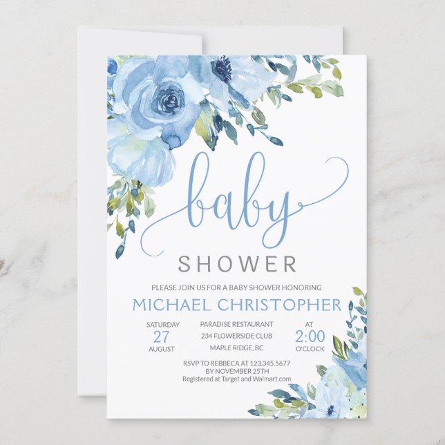 Baby shower de garçon Floral bleu glace Invitation (Devant)
