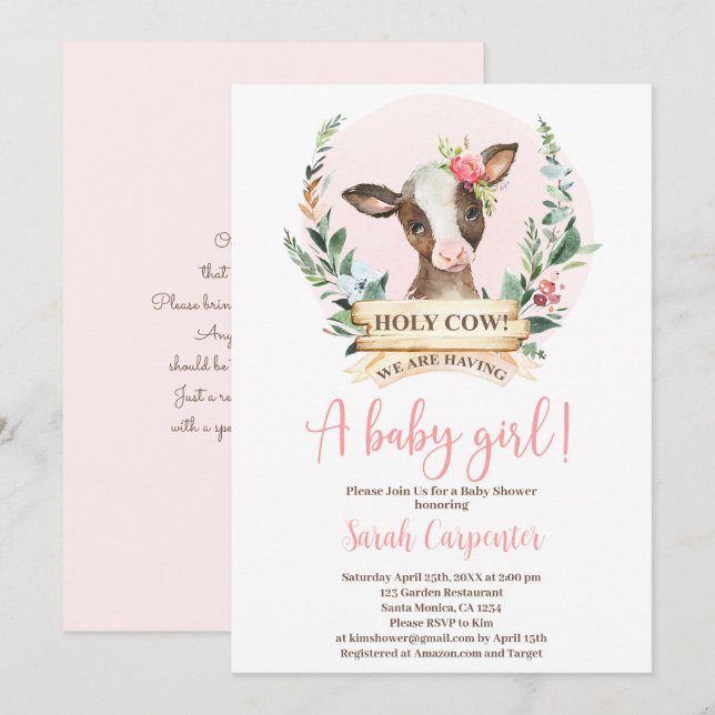 Baby shower de la vache Sainte Invitation (Devant / Derrière)