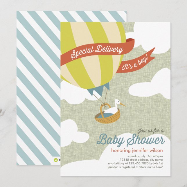 Baby shower de livraison spécial Invitation - Garç (Devant / Derrière)