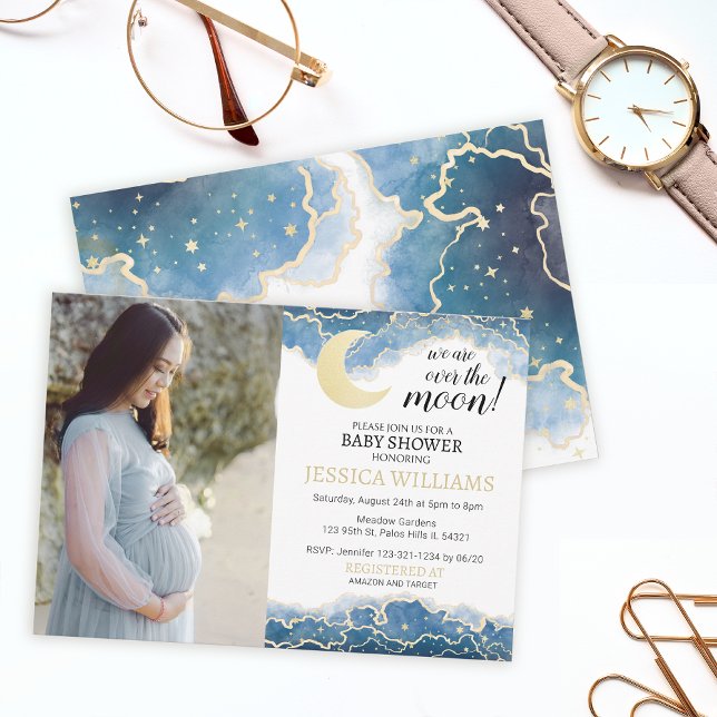 Baby shower de lune céleste d'or, invitation photo (Créateur téléchargé)
