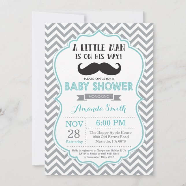Baby shower de moustache Invitation Aqua et Grey (Devant)