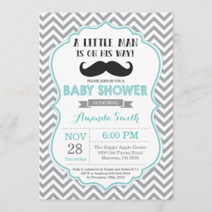 Baby shower de moustache Invitation Aqua et Grey