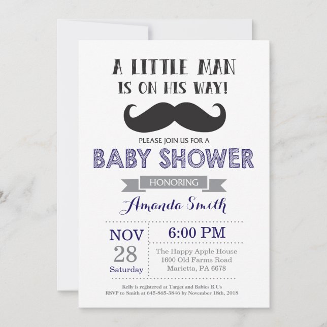 Baby shower de moustache Invitation Marine bleu et (Devant)