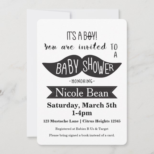 Baby shower de moustache Invitations noires et bla (Devant)
