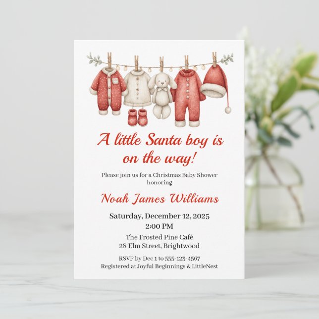 Baby shower de Noël Garçon | Invitation de bébé pè (Debout devant)