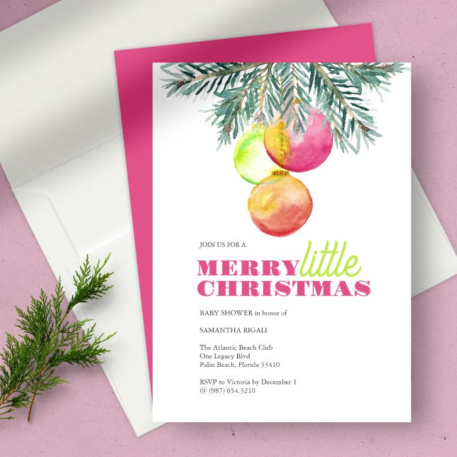 Baby shower de Noël Invitation (Christmas theme baby shower bright pink and green color 2023 watercolor art by Victoria Grigaliunas)