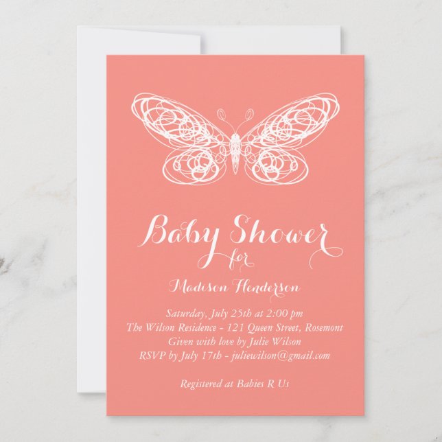 Baby shower de papillon corail Invitation (Devant)