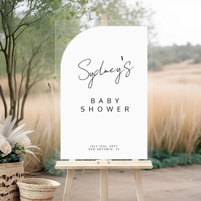 Baby shower de script de pinceau de forme d'arc mi (Minimal Arch Shape Brush Script Baby Shower Acrylic Sign)