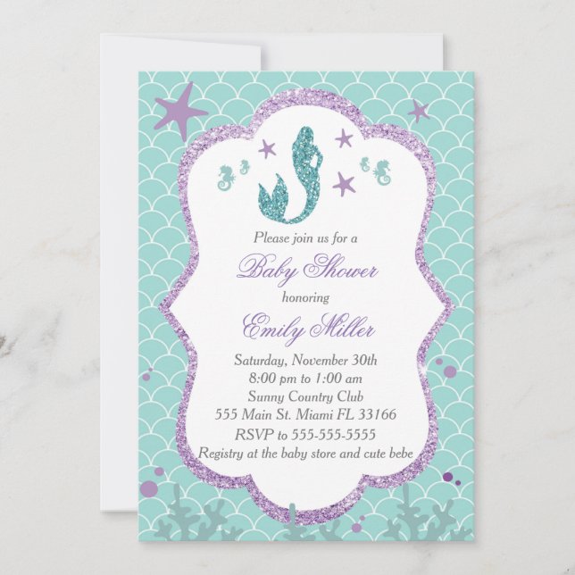 Baby shower de sirènes Invitation Turquoise violet (Devant)