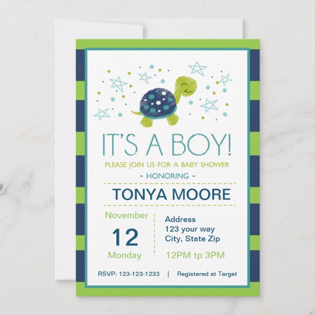 Baby shower de tortue bleu foncé Invitation (Devant)