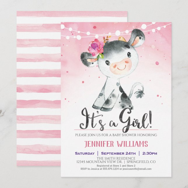 Baby shower de vache de ferme rose Invitation fill (Devant / Derrière)
