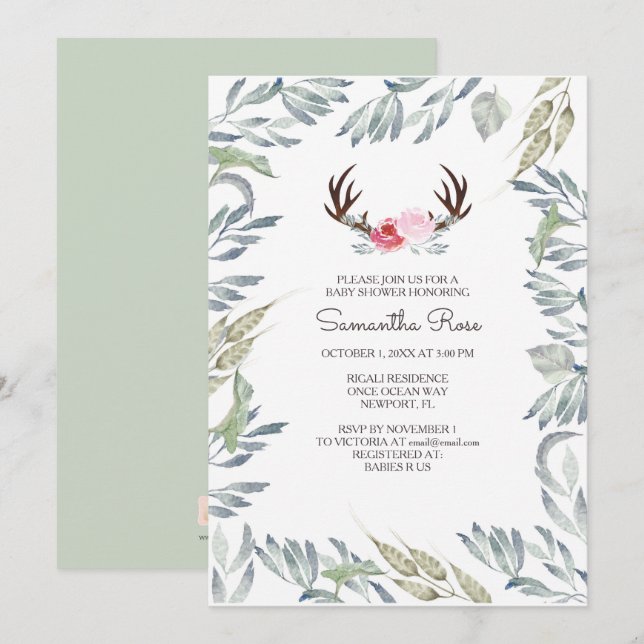 BABY SHOWER DEER ANTLER Invitation - Fille (Devant / Derrière)