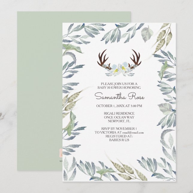 BABY SHOWER DEER ANTLER Invitation - Garçon (Devant / Derrière)