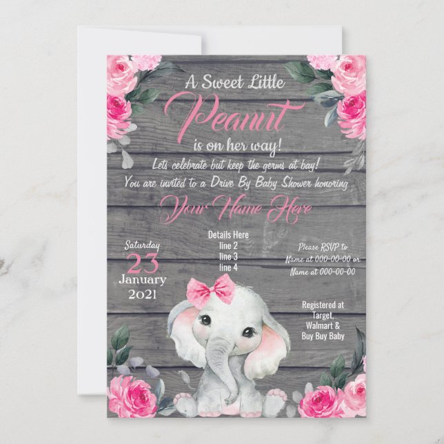 Baby shower d'éléphant rustique Invitation rose (Devant)