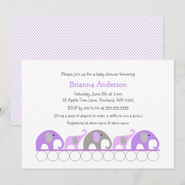 baby shower d'éléphants de lavande / invitations s (Devant / Derrière)