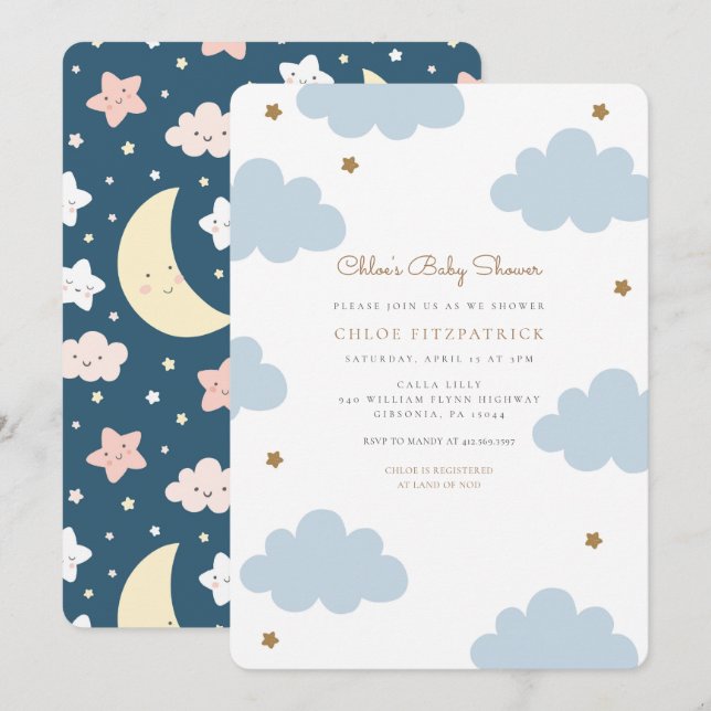 Baby shower des nuages roses doux Invitation Bleu (Devant / Derrière)