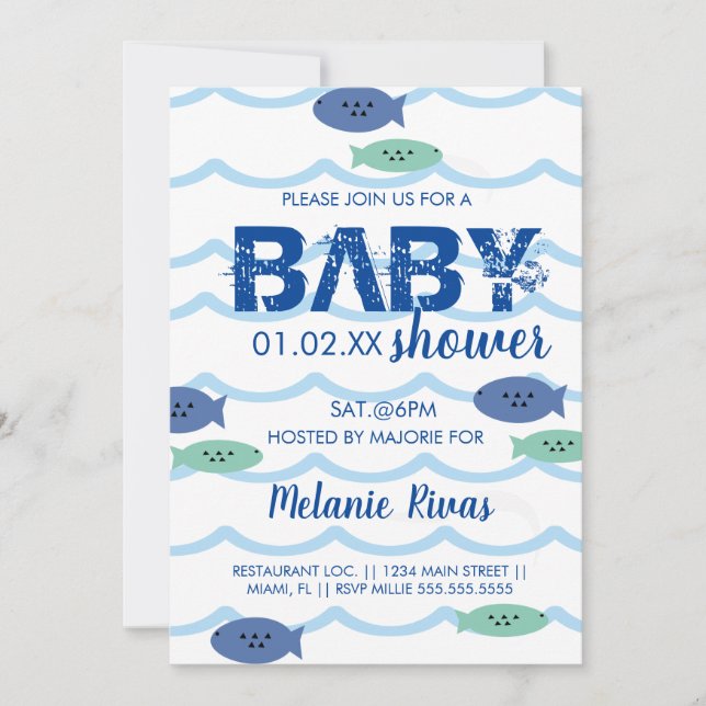 Baby shower d'été Blue Waves Fish Invitation (Devant)