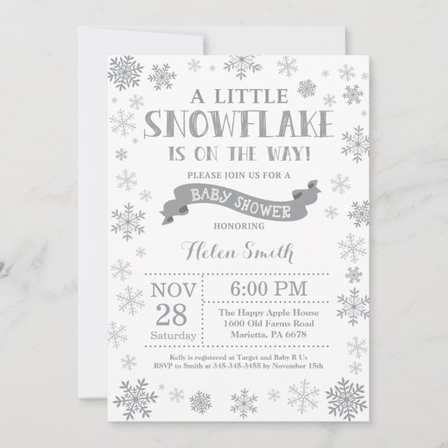 Baby shower d'hiver Invitation Flocon de neige gri (Devant)