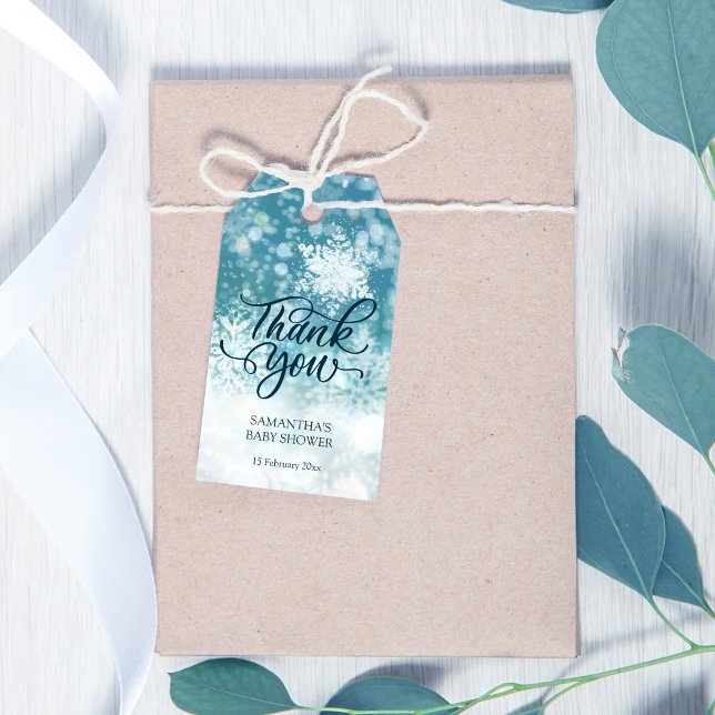 Baby shower d'hiver merci pour les étiquettes (Winter baby shower thank you favor gift tag teal snow favor tags snowflake favor tags)