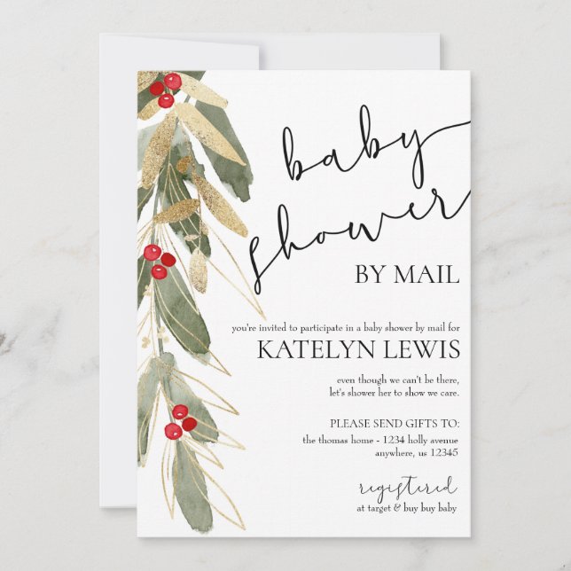 Baby shower d'hiver par Mail Invitation Gold Holly (Devant)
