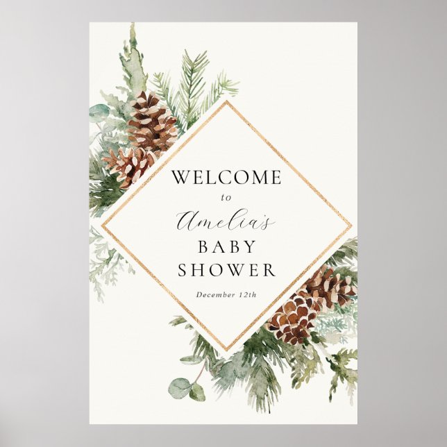 Baby shower d'hiver Poster de bienvenue À feuillag (Devant)