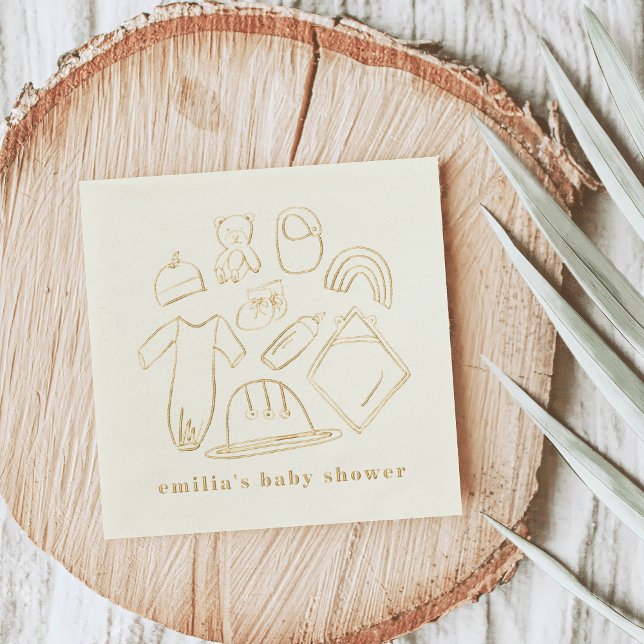 Baby shower d'illustrations pour nouveau-né (Newborn Illustrations Baby Shower Gold Foil Personalized Napkins)