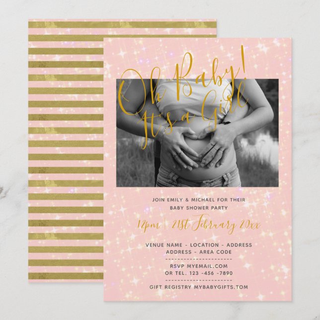 Baby shower d'or rose vif PHOTO Fille Invitations (Devant / Derrière)
